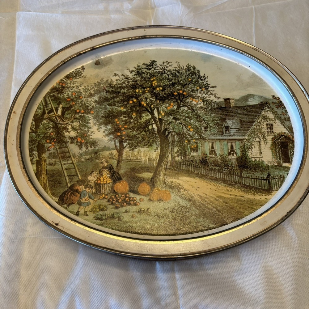 Oval Sunshine Biscuit Tin American Homestead By Currier & Ives Winter/Summer Vtg